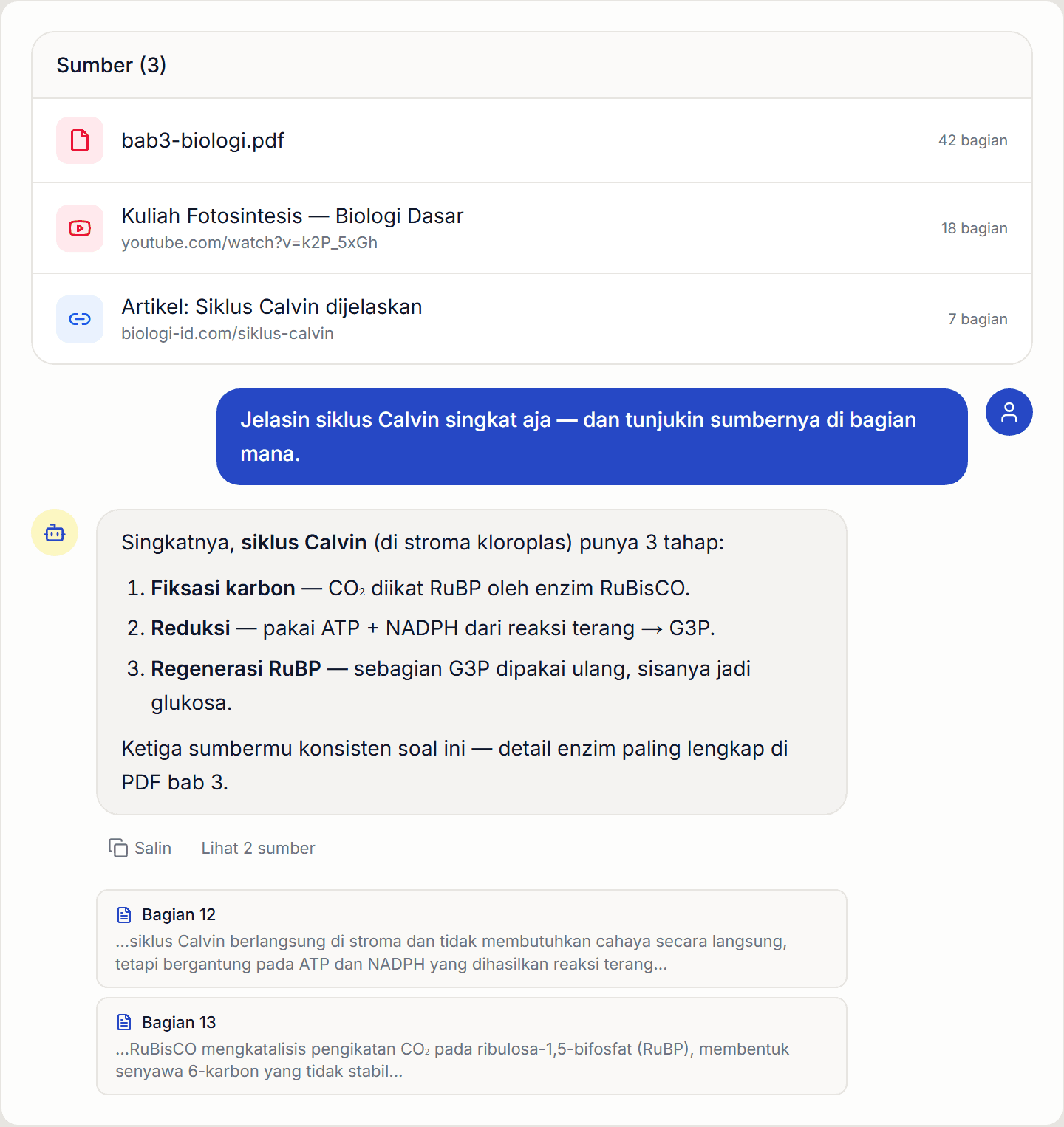 Output asli AI Notebook: tiga sumber (PDF, YouTube, artikel web) dalam satu notebook plus chat dengan jawaban ber-kutipan Bagian 12 & 13